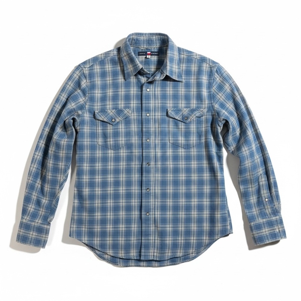 Texas Cotton Western Snap Shirt Mens‎ XL Blue Plaid Excellent Long Sleeve USA